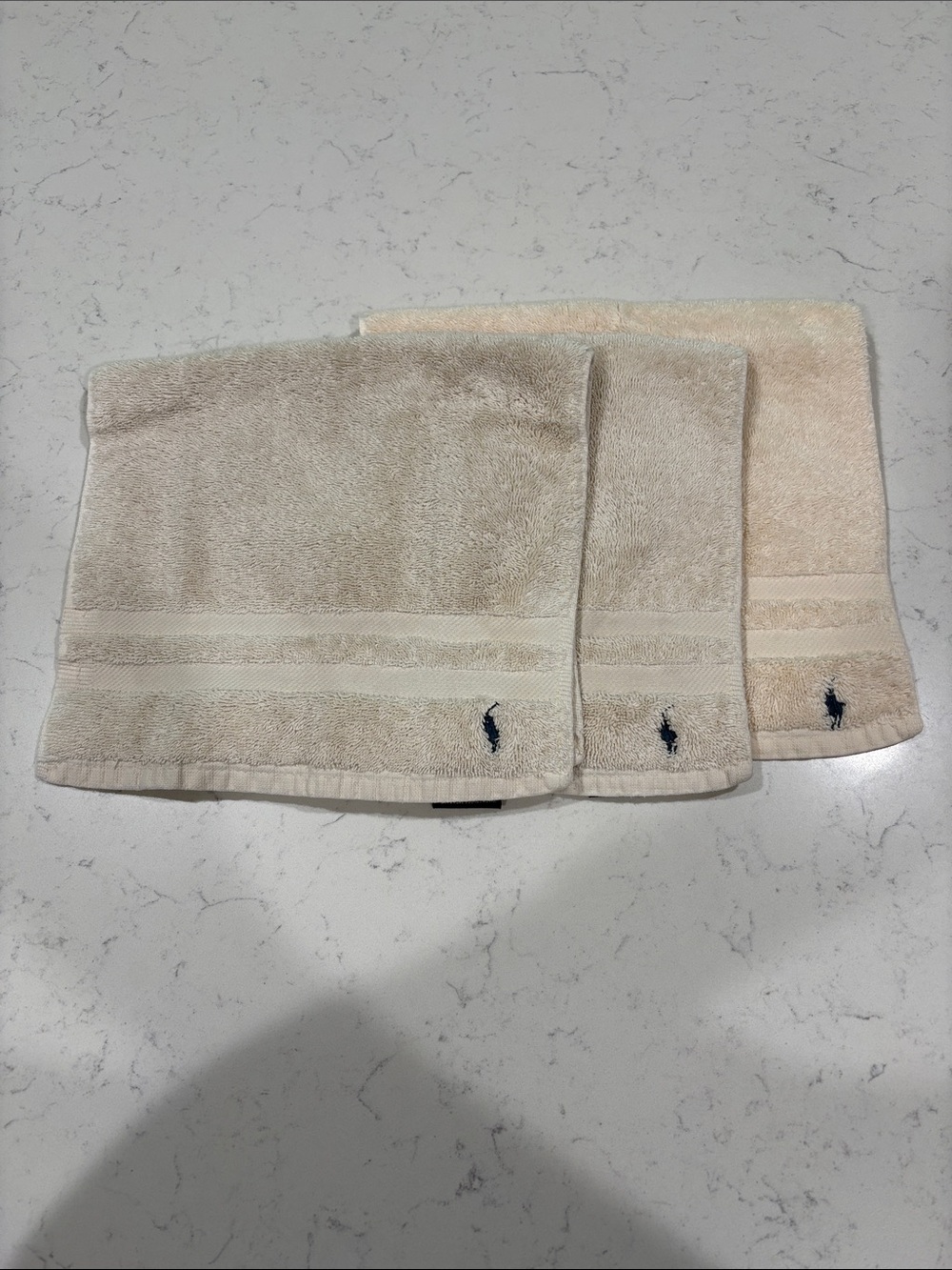 Ralph Lauren Beige Hand Towel Trio with Navy Pony